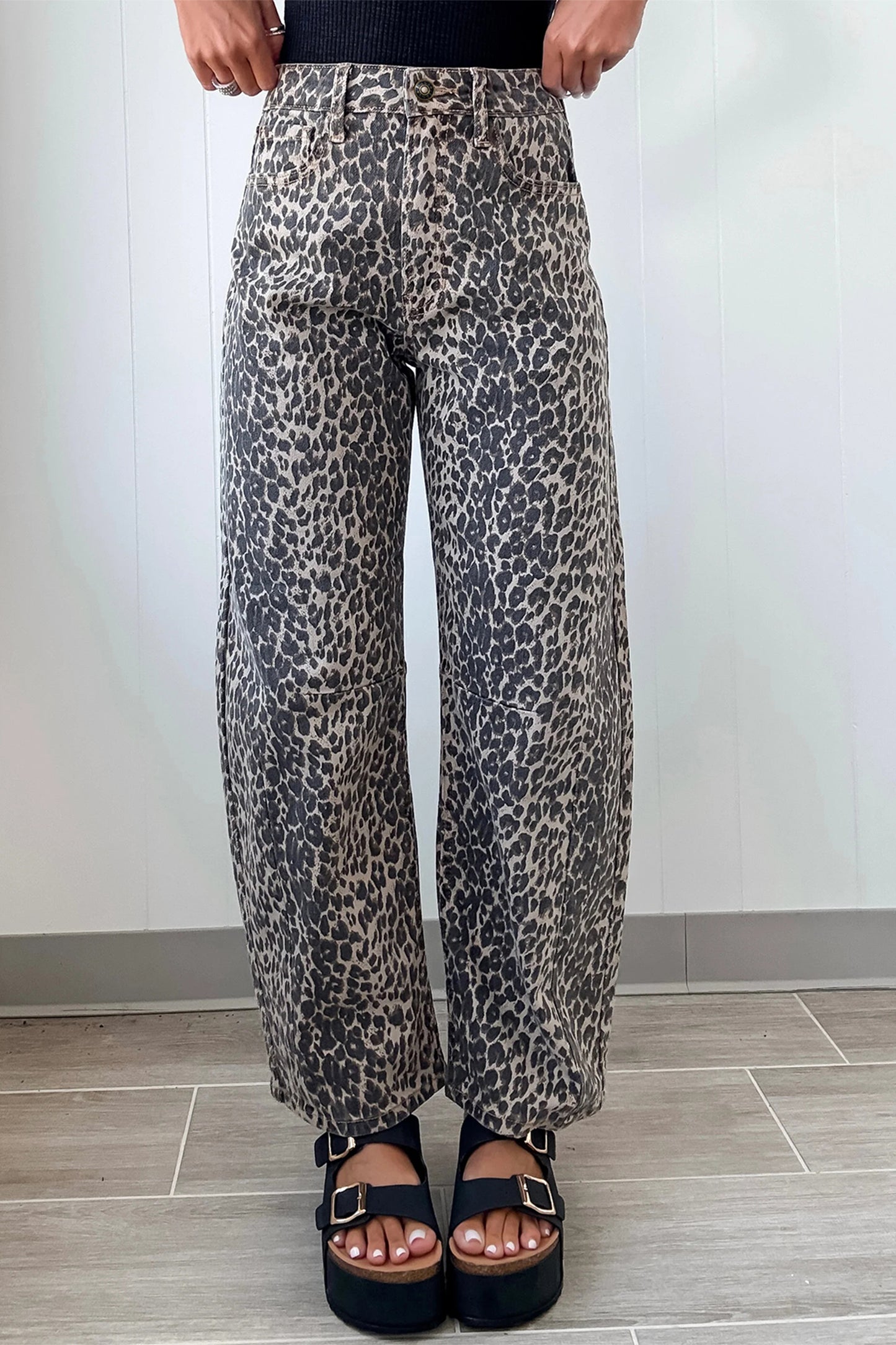 Black Leopard Print High Waist Barrel Leg Jeans
