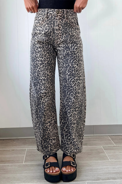 Black Leopard Print High Waist Barrel Leg Jeans