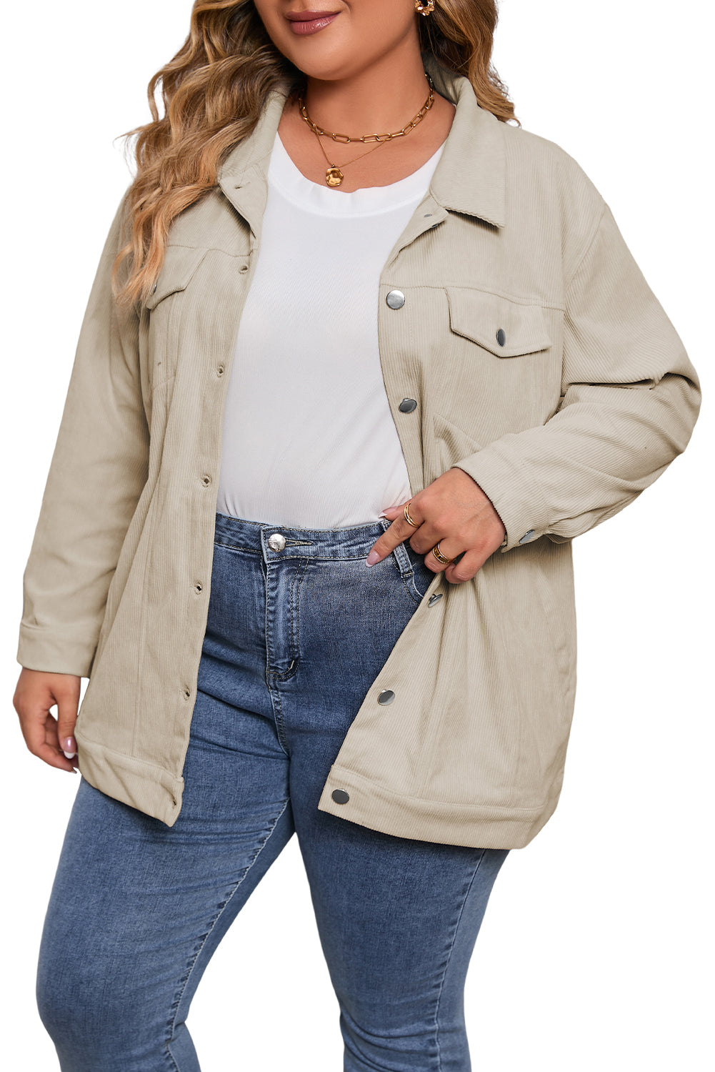 Khaki Plus Size Crochet Pattern Back Corduroy Jacket