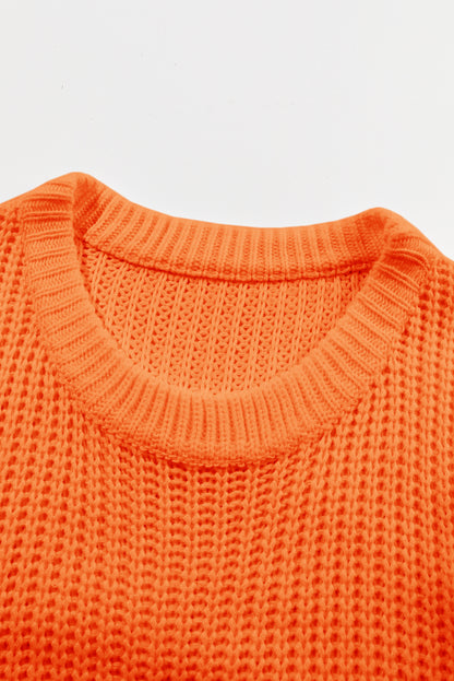 Orange Ribbed Knit Sweater Oversized Wide Neck Pullover