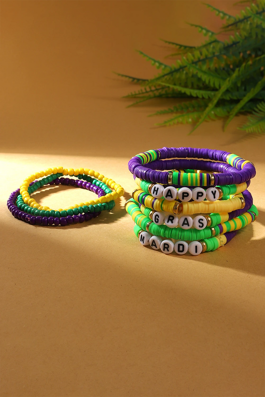 Tillandsia Purple Mardi Gras Beaded Stretch Bracelet Set