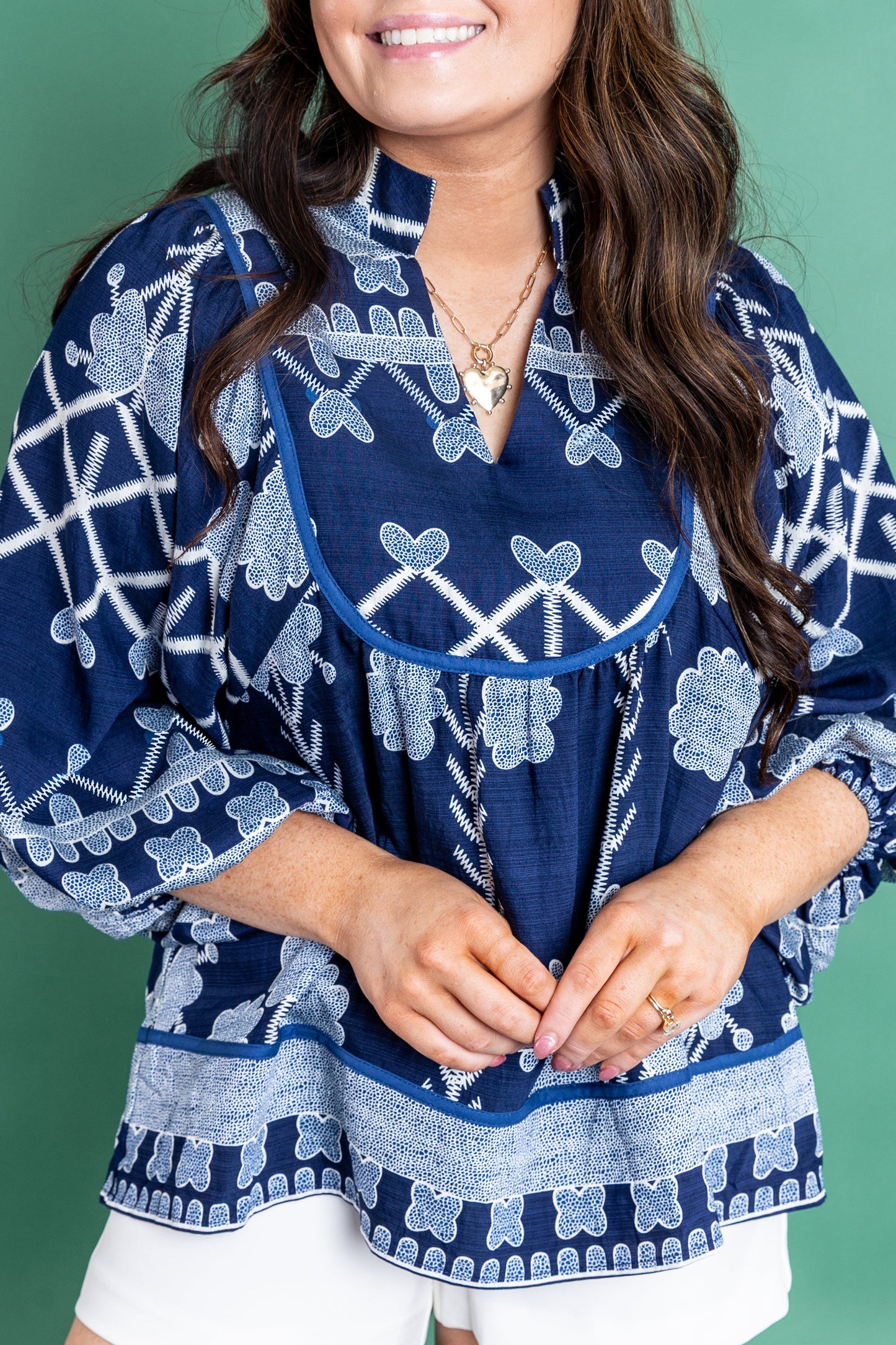 Blue Boho Print Notched V Neck Loose Fit Blouse Top