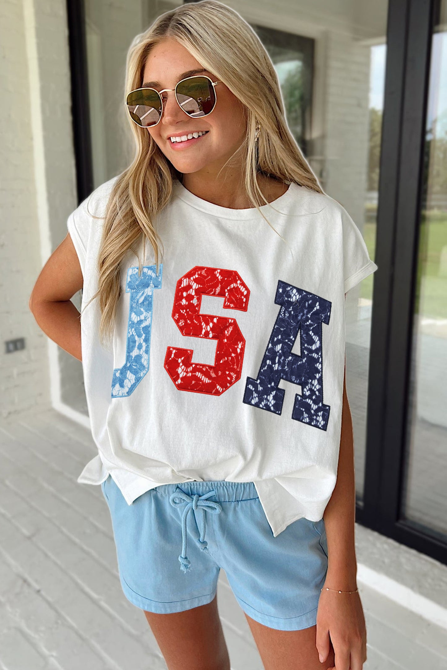 USA Lace Letter Dolman Tee Flag Day July 4th Top
