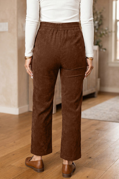 Coffee Elastic Waist Straight Leg Ankle Length Corduroy Pants