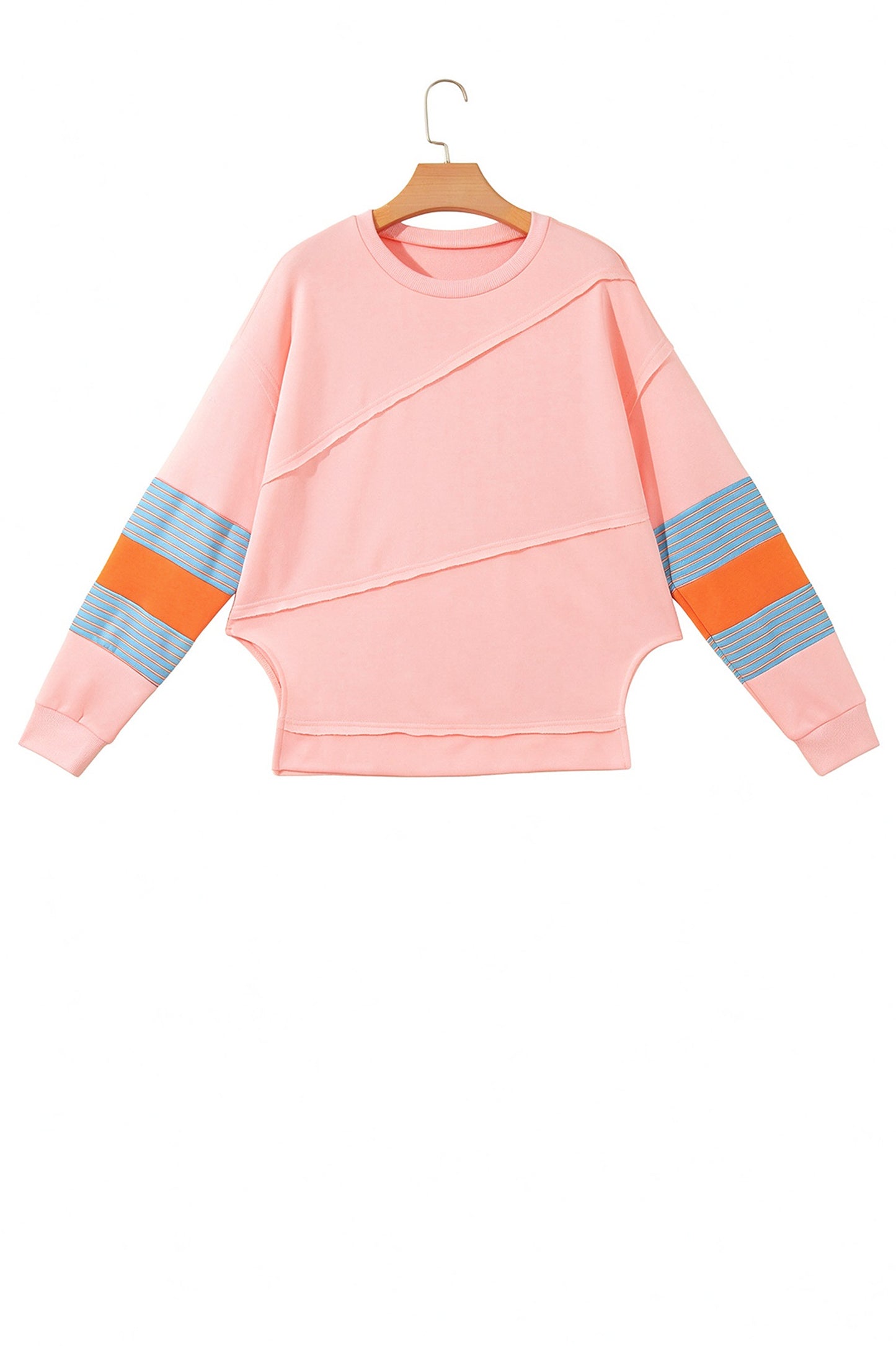 Pink Colorblock Striped Patchwork Long Sleeve Round Neck Top