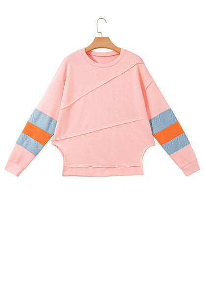 Pink Colorblock Striped Patchwork Long Sleeve Round Neck Top