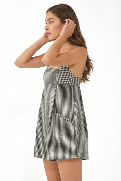 Plaid Square Neck Babydoll Romper with Pockets Women