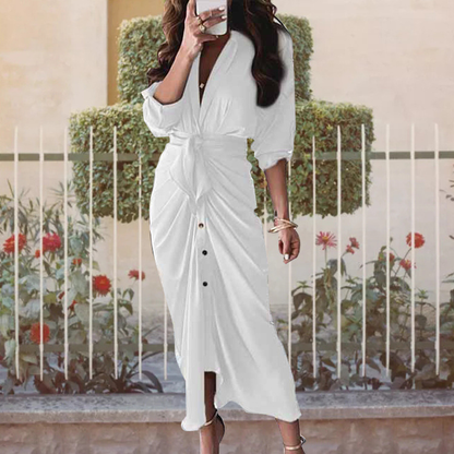 Women's V Neck Tie Front Long Sleeve Maxi Dress