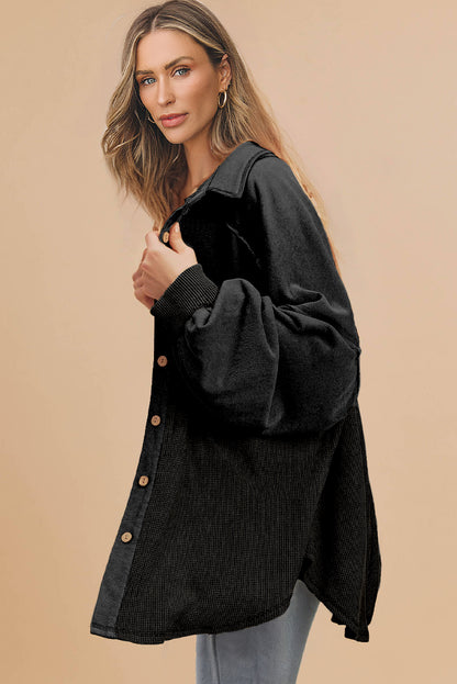Black Waffle Knit Button Down Shacket Oversized Long Sleeve Top