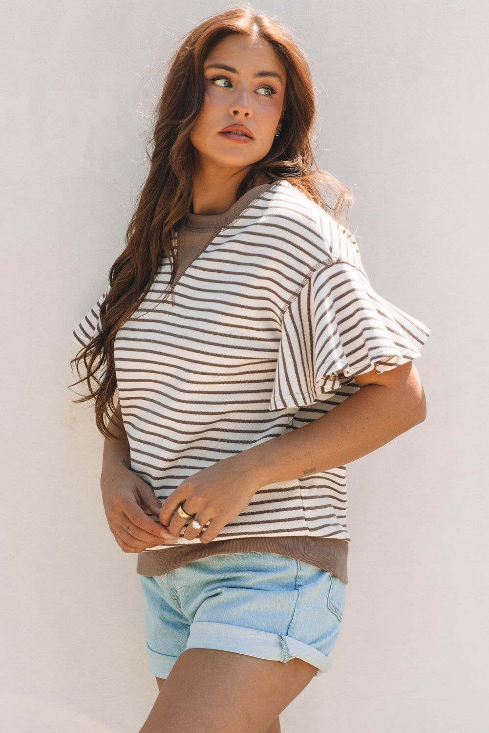 Green Striped Ruffle Sleeve Contrast Casual Top