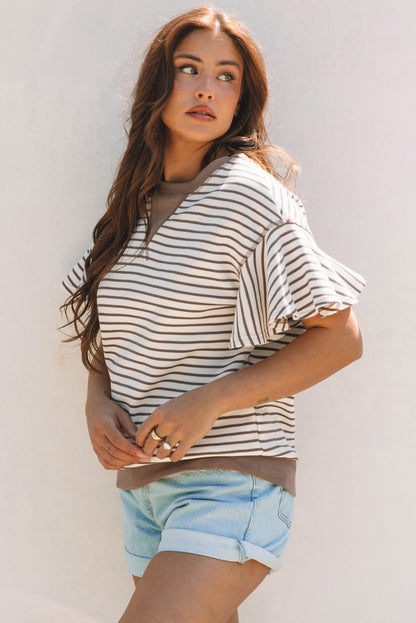 Green Striped Ruffle Sleeve Contrast Casual Top