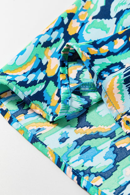 Green Abstract Print V Neck Puff Sleeve Smocked Romper