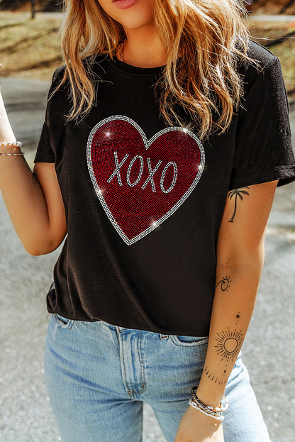 Valentine’s Day Black Rhinestone XOXO Heart Graphic Tee