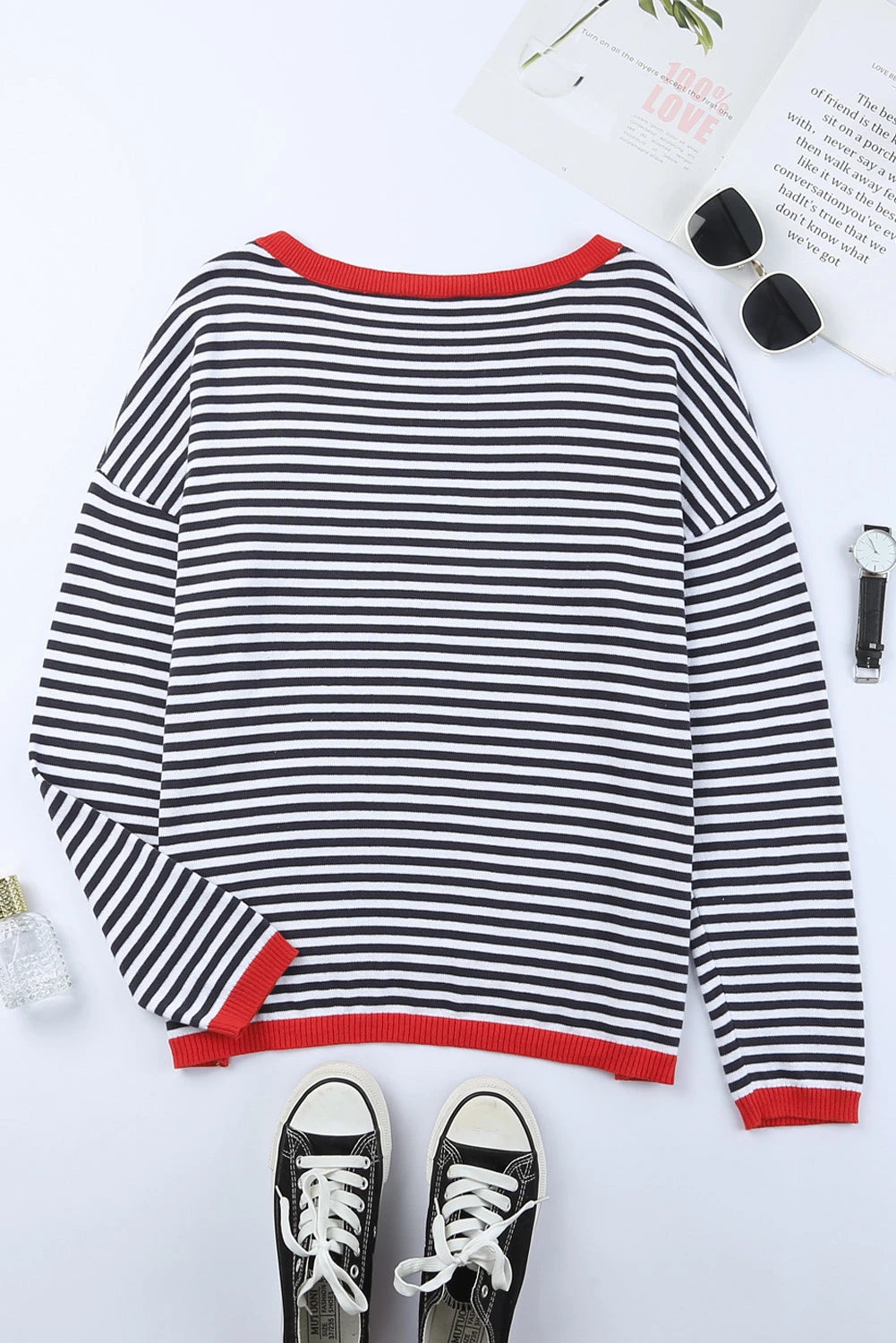 Contrast Trimmed Striped Drop Shoulder Sweater for Women