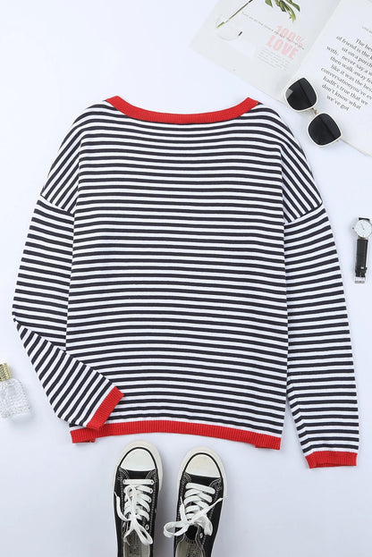 Contrast Trimmed Striped Drop Shoulder Sweater for Women