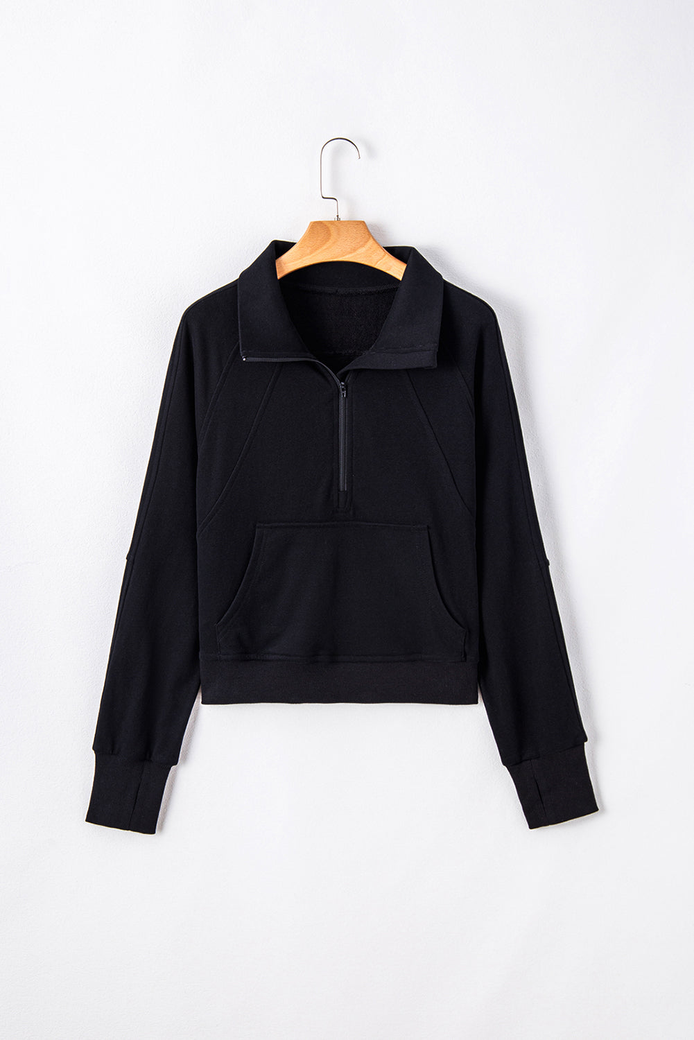 Black Quarter Zip Stand Neck Kangaroo Pocket Sweatshirt