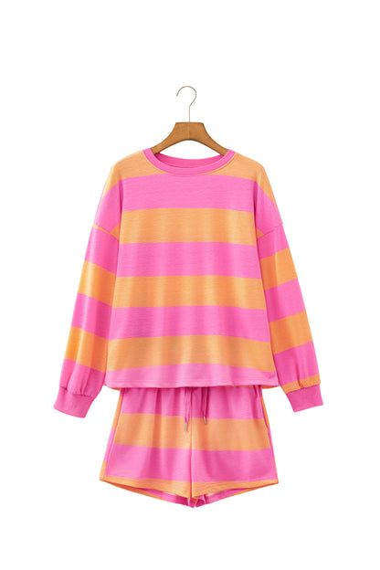 Pink Orange Stripe Lounge Set 2pc Shorts Set Sweatshirt