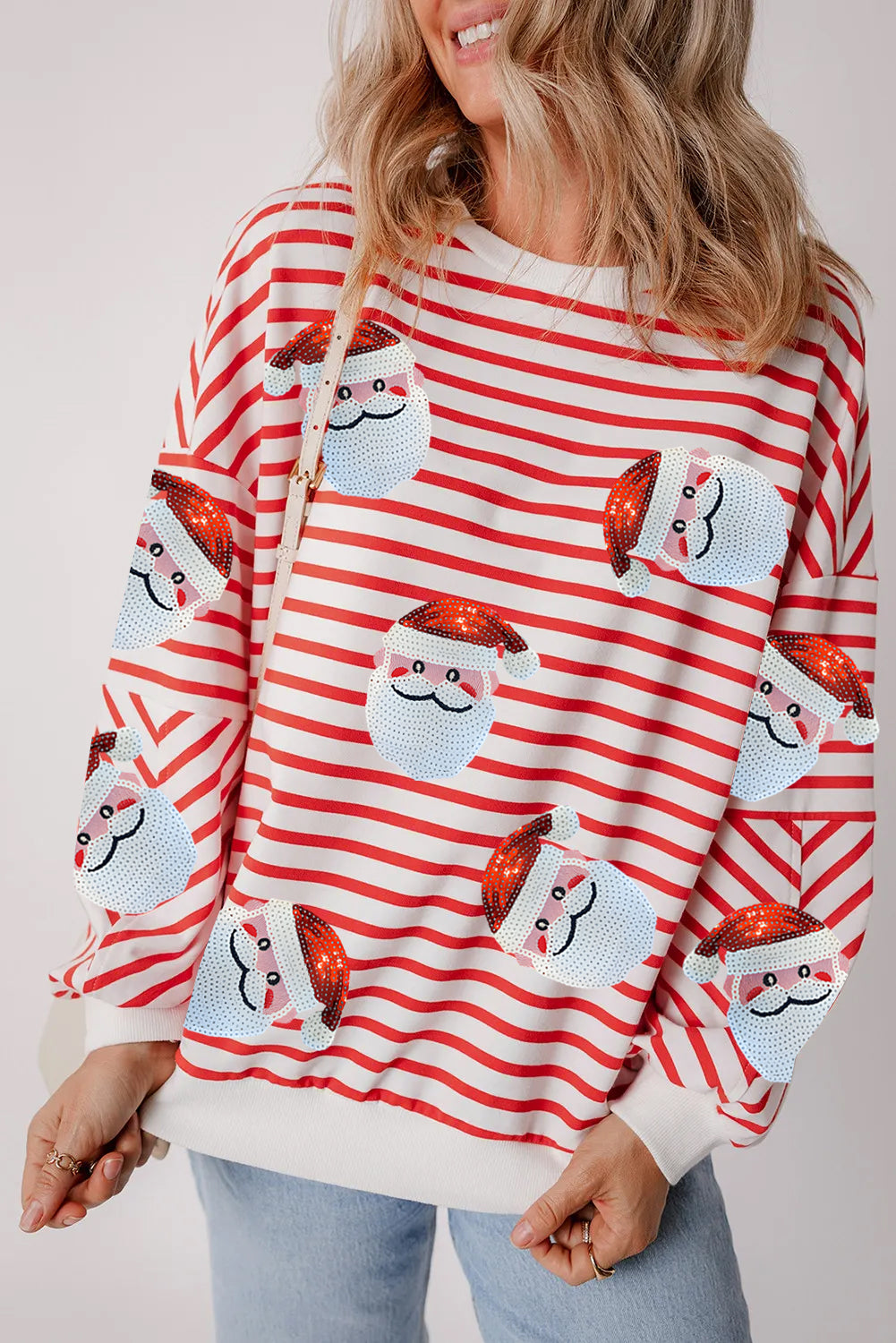 Sequin Santa Claus Striped Christmas Pullover Sweatshirt