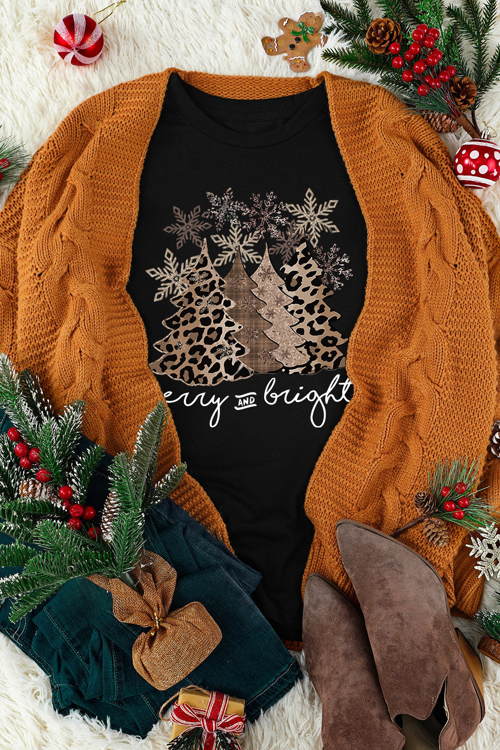 Leopard Print Christmas Tree Graphic Holiday T Shirt