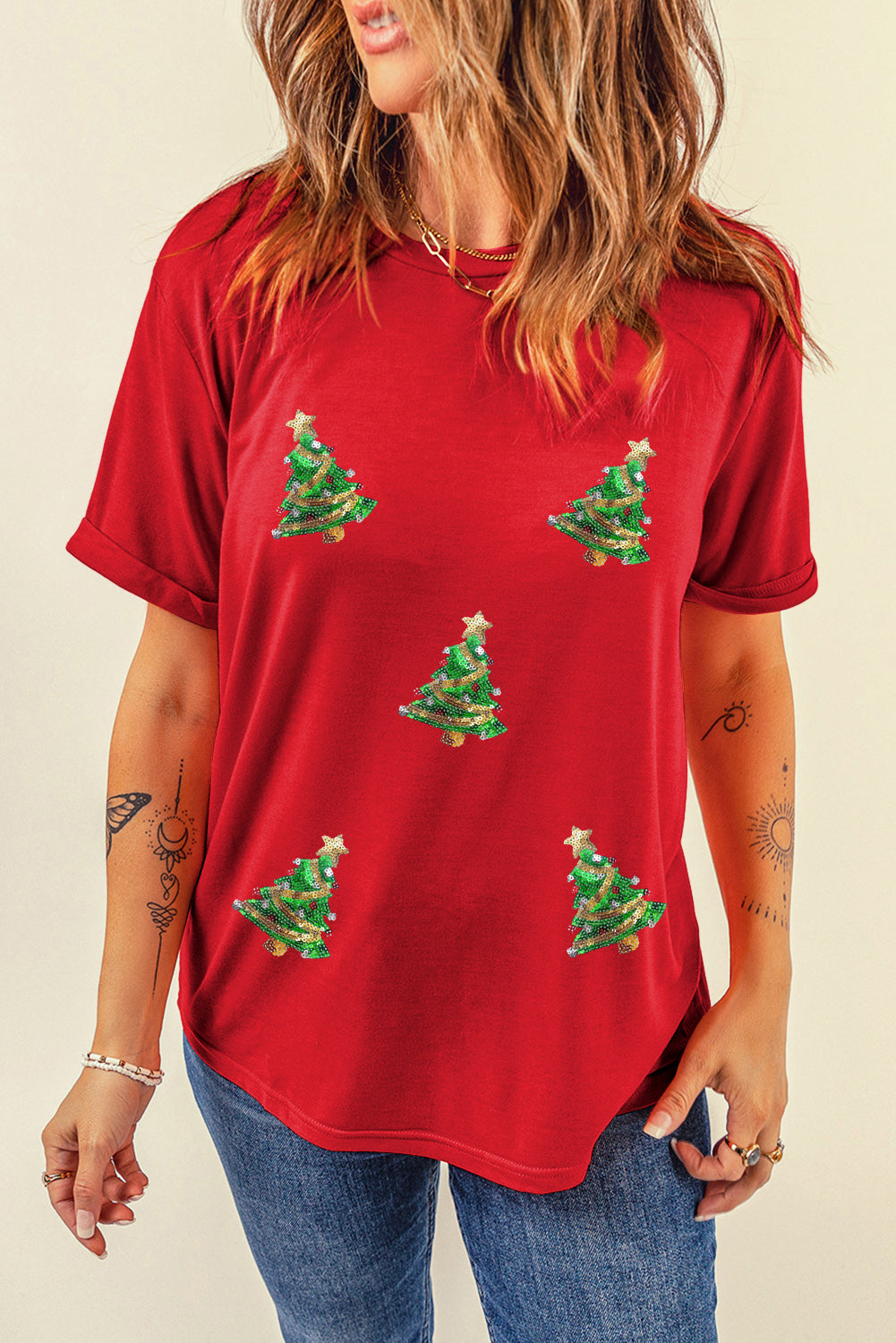 Sequin Christmas Tree Holiday Graphic Red Crewneck Tee