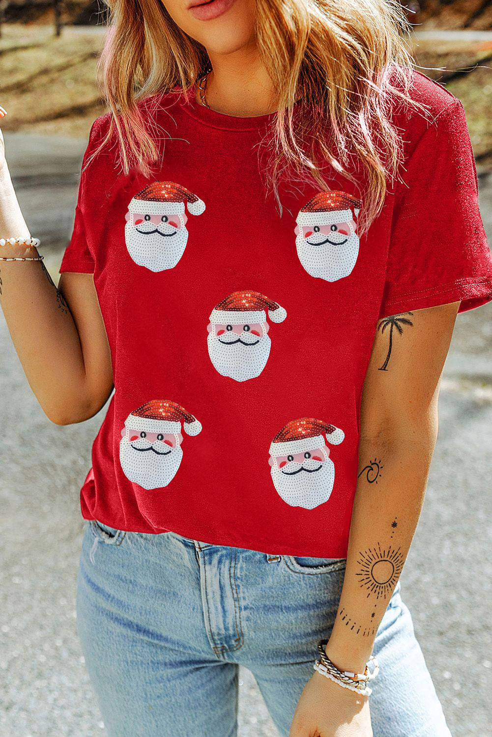 Santa Claus Graphic Christmas Faux Sequin T Shirt
