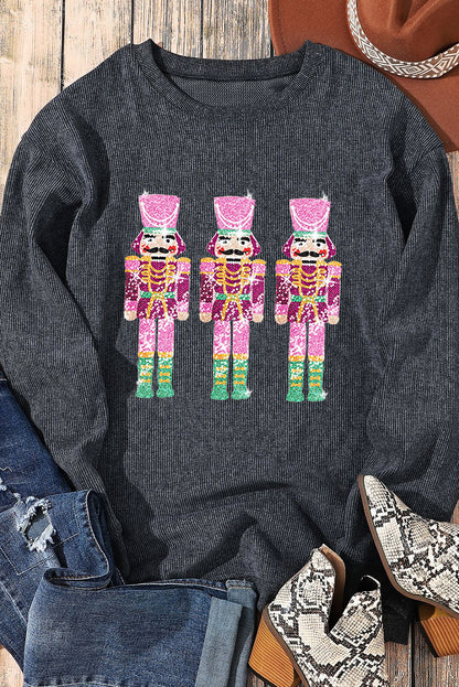 Black Sequin Christmas Corded Oversized Sweatshirt