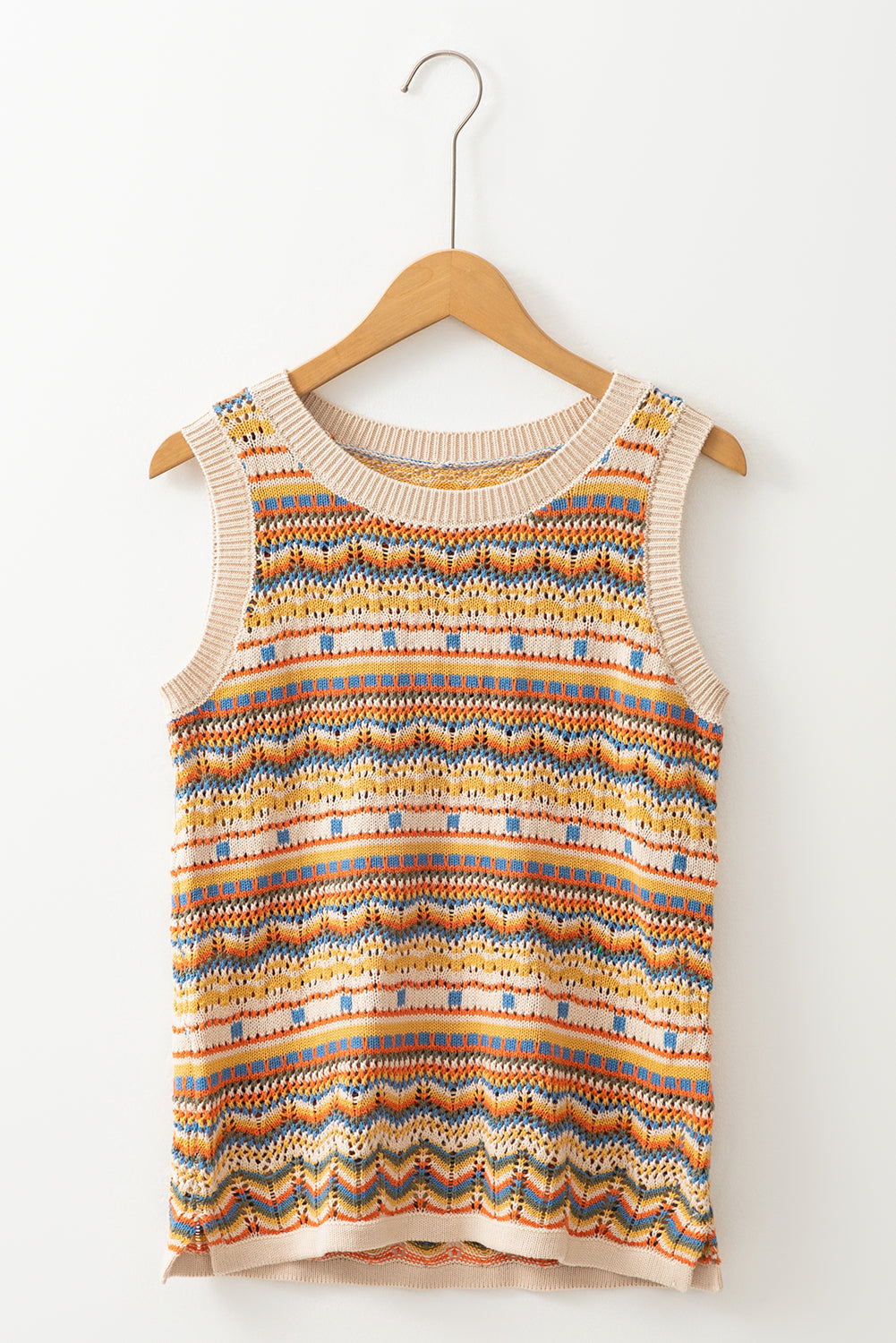 Boho Crochet Knit Sweater Vest with Stripes and Eyelet Detail