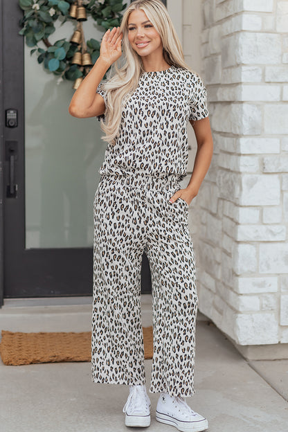 Beige Leopard Print Short Sleeve Top and Wide Leg Pants Set