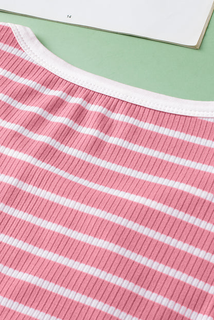 Pink Stripe Contrast Round Neck Sleeveless Slim Top