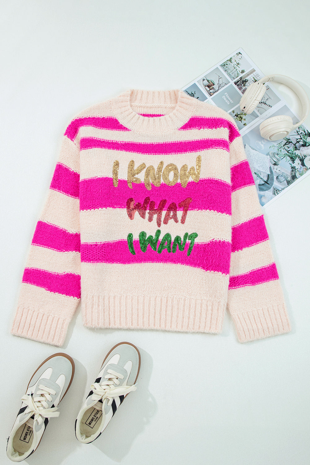 Sequin Letter Graphic Colorblock Loose Knit Sweater