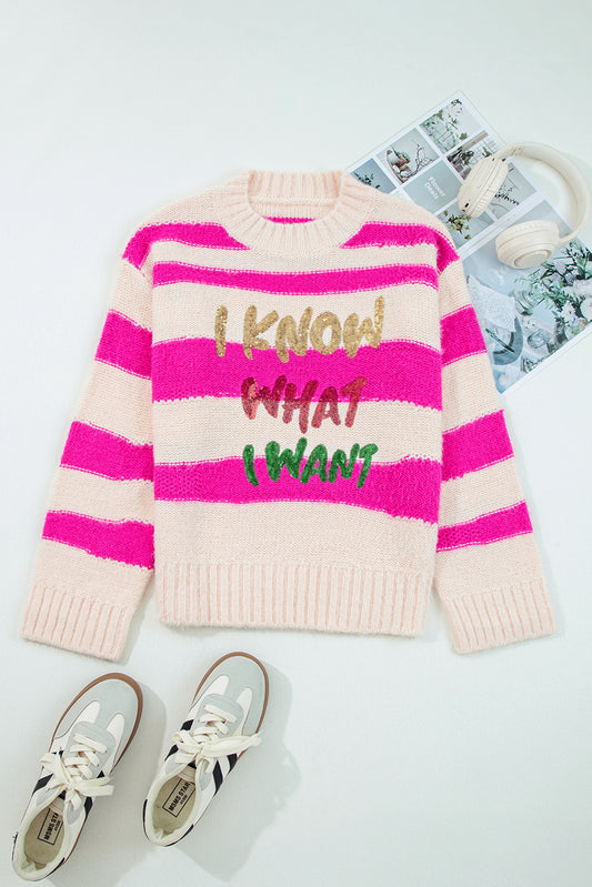 Sequin Letter Graphic Colorblock Loose Knit Sweater
