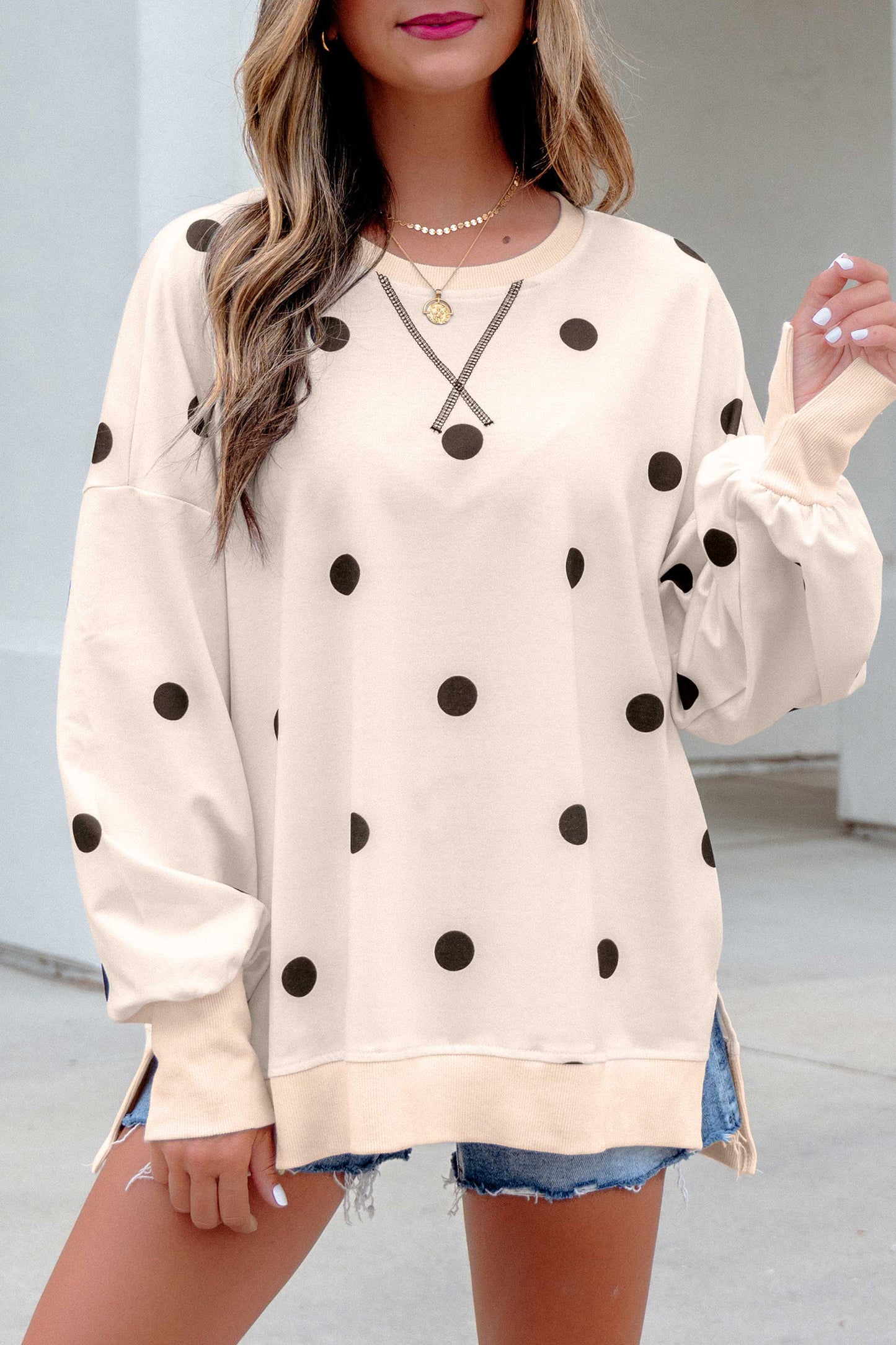 Polka Dot Oversized Long Sleeve Tee Split Hem
