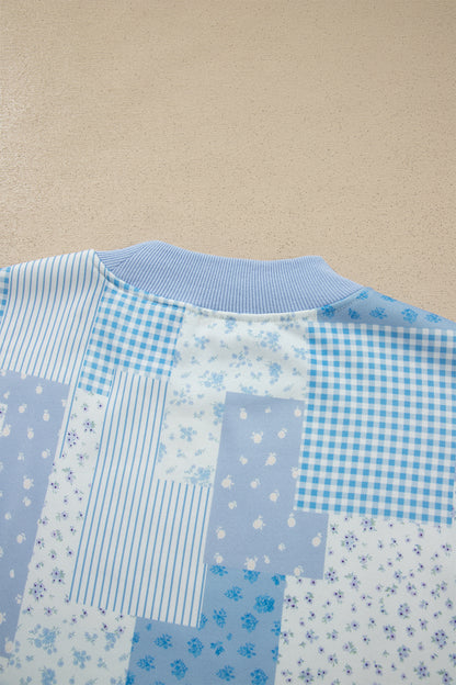 Sky Blue Floral Patchwork Pullover Shorts Set
