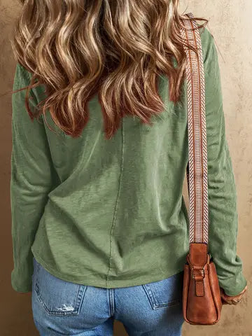 Grass Green V Neck Long Sleeve Casual Knit Top