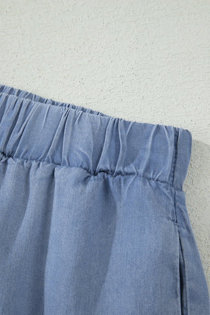 Blue Tiered Denim Maxi Skirt Elastic Waist Casual Summer