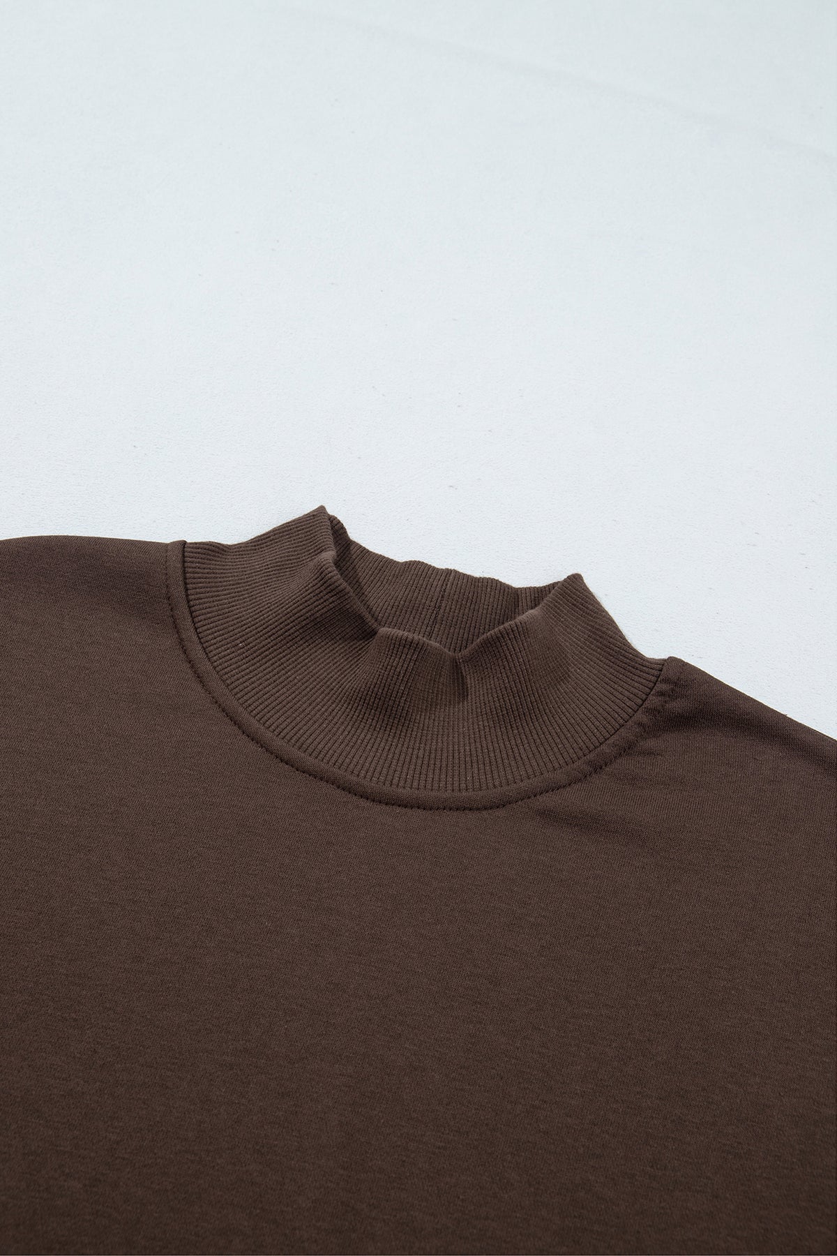 Coffee Solid Color High Neck Lace Splicing Hem Pullover Sweatshirt
