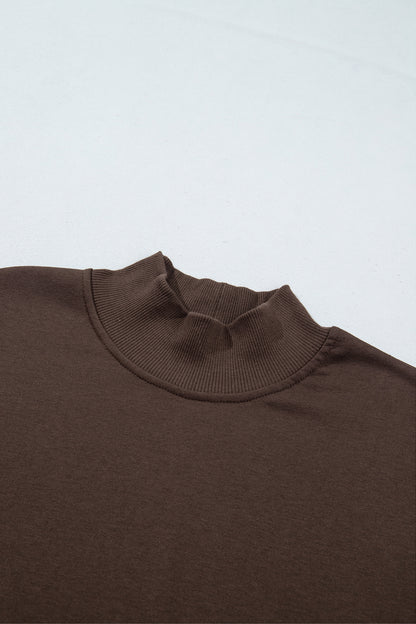 Coffee Solid Color High Neck Lace Splicing Hem Pullover Sweatshirt
