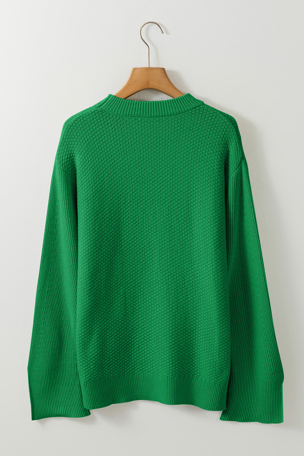 Green Textured Knit Drop Shoulder Split Cuff Oversized Sweater