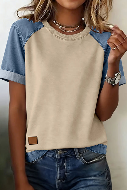 Beige Denim Patchwork Color Block Casual Crew Neck Tee