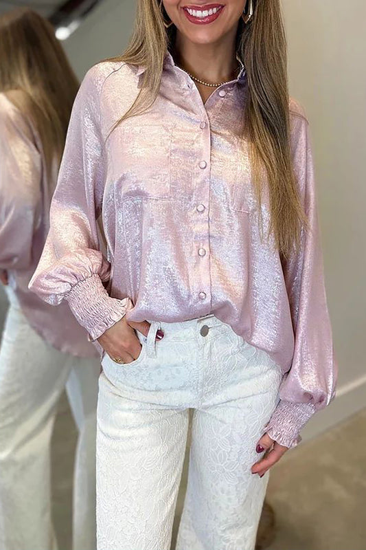 Delicacy Metallic Button Down Satin Blouse with Smocked Cuffs