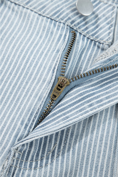 Sky Blue Pinstripe Wide Leg Jeans with Button Flap Pockets