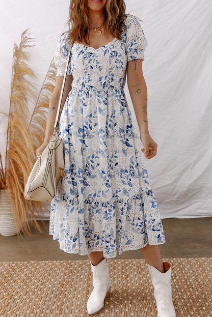 Sky Blue Floral Smocked Bodice Puff Sleeve Midi Dress