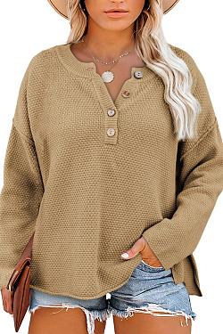 Women's Oversized Sweaters Batwing Long Sleeve Loose V Neck Button Henley Tops Pullover Knit