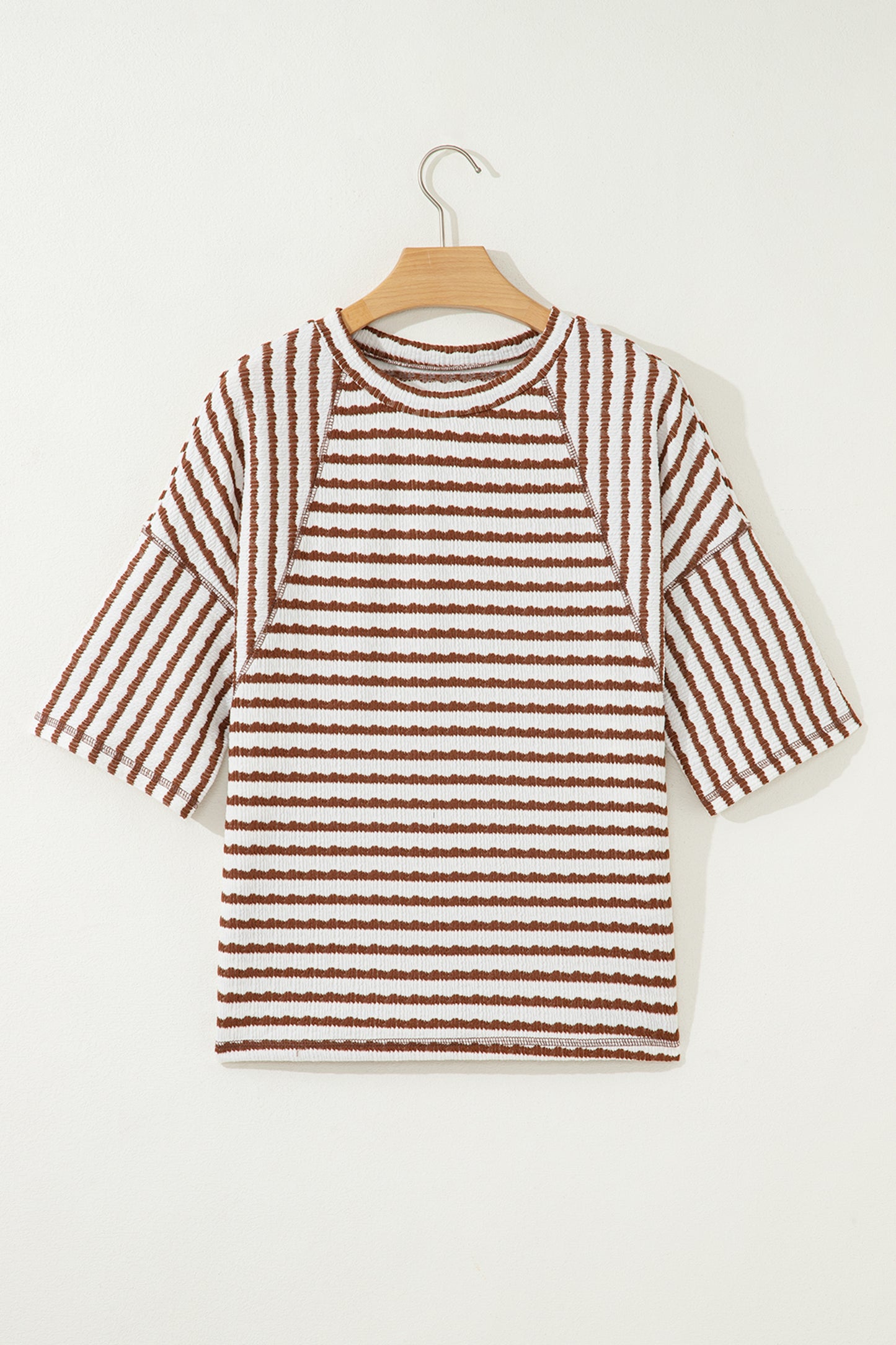 Apricot Stripe Textured Loose Fit Short Sleeve Top