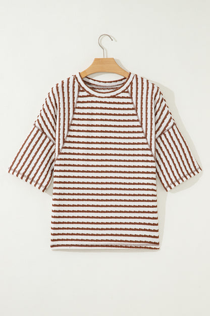 Apricot Stripe Textured Loose Fit Short Sleeve Top