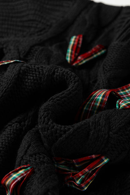 Red Plaid Bow Lace Up Cable Knit Short Sleeve Holiday Sweater
