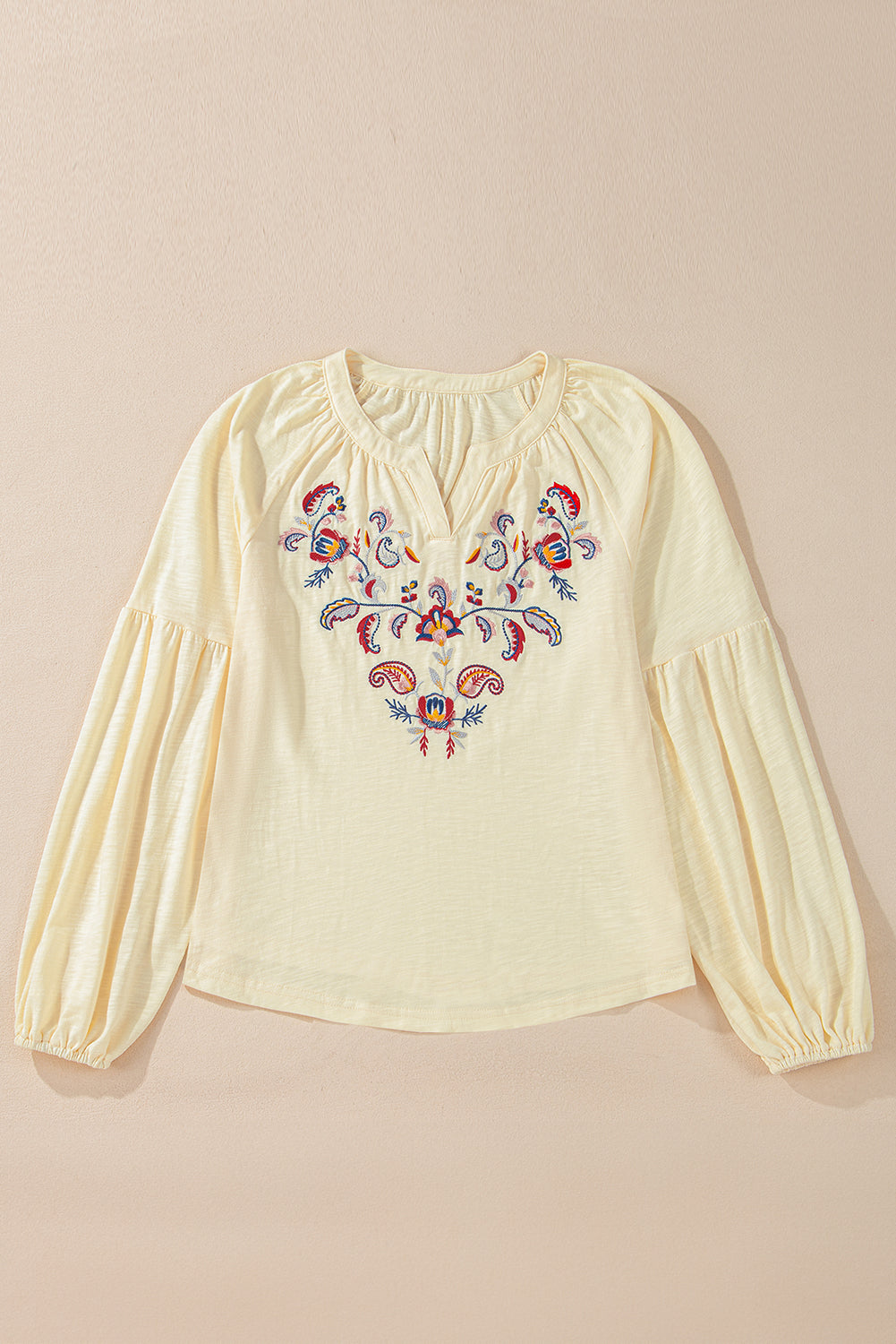 Floral Embroidered V Neck Balloon Sleeve Blouse
