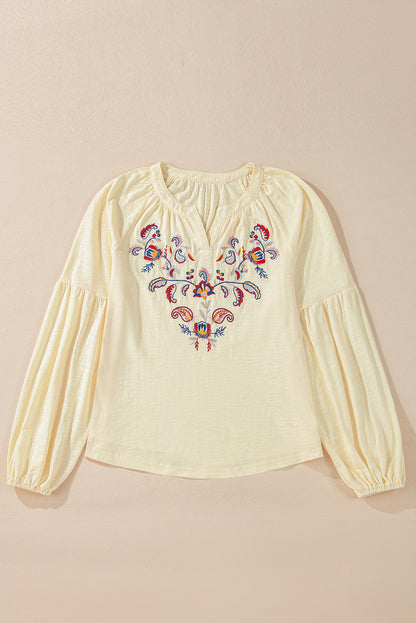 Floral Embroidered V Neck Balloon Sleeve Blouse