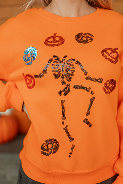Sequin Skeleton Pumpkin Halloween Crewneck Sweatshirt
