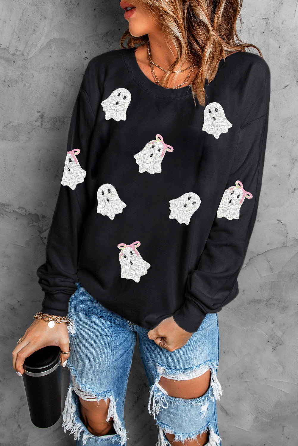 Black Sequin Ghost Bow Halloween Crew Neck Pullover Sweatshirt